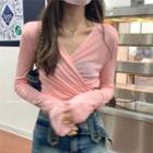Long-sleeve V-neck Plain Lace-up Top