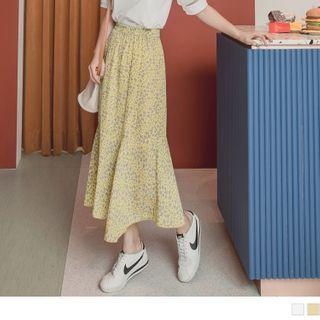 Elastic-waist Ruffle Hem Floral Maxi Skirt