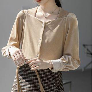 Square Collar Plain Button Top