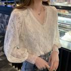 Lantern-sleeve V-neck Lace Blouse