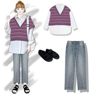 Mock Two Piece Shirt / Straight Fit Jeans / Sandals
