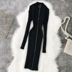Long-sleeve Front-zip Rib-knit Dress
