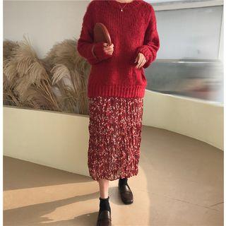 Floral Print V-neck Midi Dress / Round Neck Sweater