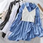 Set: Ruched Mini Shirtdress + Knit Vest