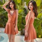 Set: Plain Swimsuit + Cover Up Tie-front Skirt