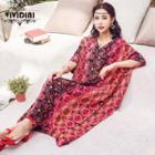 3/4-sleeve Patterned Maxi Tunic Dress As Shown In Figure - One Size