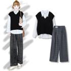 Long-sleeve Shirt / Knit Vest / Plaid Wide-leg Pants