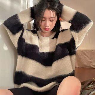 Long-sleeve V-neck Striped Mock Mink Sweater