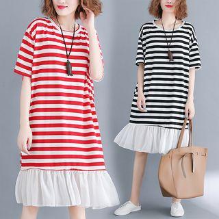 Short-sleeve Striped Ruffle Hem Dress