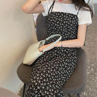 Spaghetti-strap Floral Dress Black - One Size