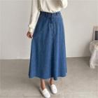 Band-waist Fray-hem Denim Maxi Skirt
