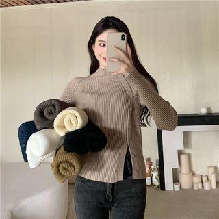 Mock-neck Slit Ribbed Knit Top