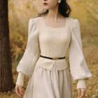 Set: Bishop-sleeve Knit Midi A-line Dress + Belt