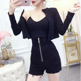 Camisole Top / Cropped Cardigan / Zip-up Ripped Denim Hot Pants / Set