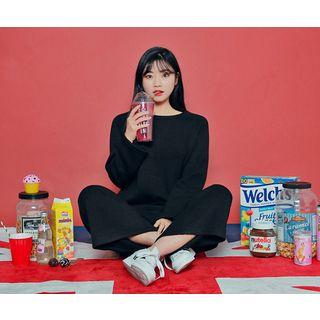 Set: Round-neck Top + Band-waist Wide-leg Pants