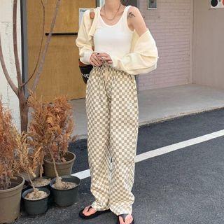 Cardigan / Checker Print Wide Leg Pants