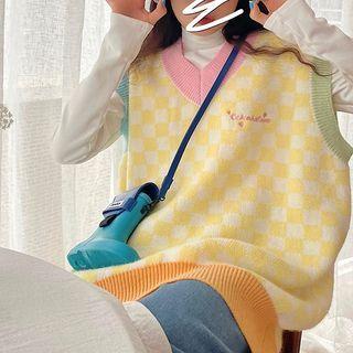 Letter Embroidered Checkered Sweater Vest