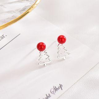 Bead & Tree Earring R543 - Red Bead - Silver - One Size