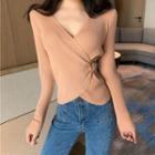 Long-sleeve V-neck Buckled Top