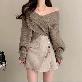 Wrap Sweater / Button-up Mini Pencil Skirt