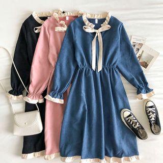 Color-block Ruffled-trim Long-sleeve Dress