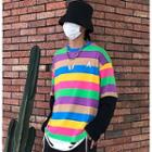 Mock Two-piece Rainbow Stripe Long-sleeve T-shirt As Shown In Figure - One Size