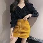 Long-sleeve Ruched Top / Mini Pencil Skirt