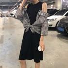 Mock Two-piece Plaid Panel Cold Shoulder Dress
