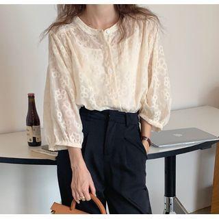 3/4-sleeve Lace Blouse Beige - One Size