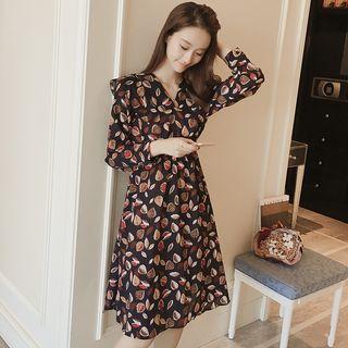 Leaf Print Long-sleeve A-line Midi Chiffon Dress