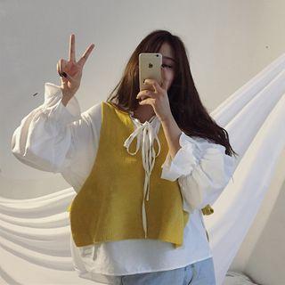 Lace-up Blouse / V-neck Knit Vest