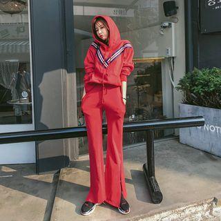 Set: Contrast-trim Hoodie + Slit Boot-cut Pants