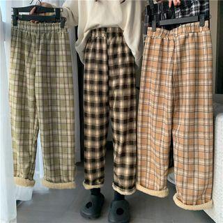 Fleece-lined High-waist Plaid Wide-leg Pants