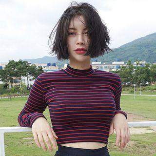 Striped Mock Neck Long Sleeve Cropped T-shirt