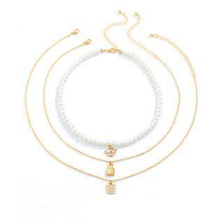 Set: Pendant Necklace+ Faux Pearl Necklace + Lock Necklace Set - Gold - One Size