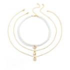 Set: Pendant Necklace+ Faux Pearl Necklace + Lock Necklace Set - Gold - One Size