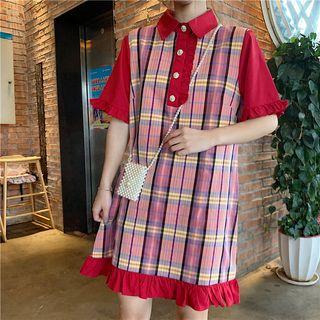 Ruffle Trim Color Block Polo Shirt Dress As Shown In Figure - One Size