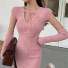 Tie-strap Knit Mini Bodycon Dress With Arm Sleeves