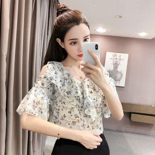 Short-sleeve Cold-shoulder Print Chiffon Blouse