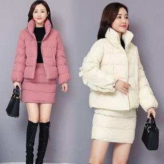 Set: Stand Collar Padded Jacket + Padded Mini Skirt