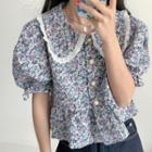 Short-sleeve Lace Trim Floral Printed Blouse Floral - One Size