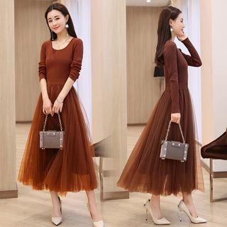 Long-sleeve Paneled Maxi A-line Mesh Dress