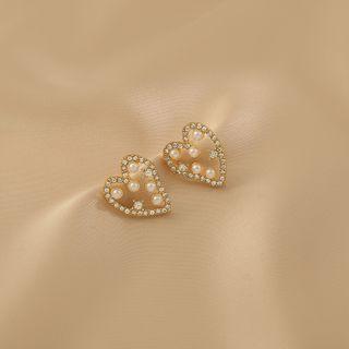 Heart Rhinestone Faux Pearl Alloy Earring 1 Pair - Gold & White - One Size