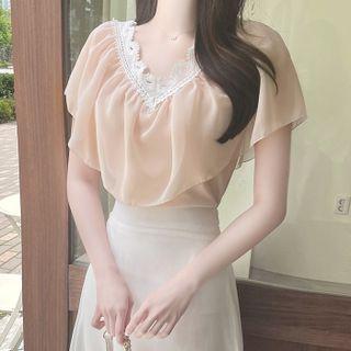 Lace-trim Chiffon-capelet Blouse