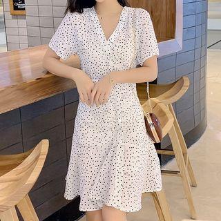 Short-sleeve Polka Dot Asymmetric Buttoned A-line Mini Chiffon Dress