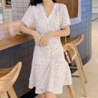 Short-sleeve Polka Dot Asymmetric Buttoned A-line Mini Chiffon Dress
