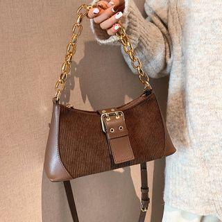 Corduroy Panel Buckled Shoulder Bag