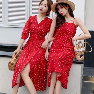 Heart Print A-line Midi Dress / Spaghetti-strap Dress