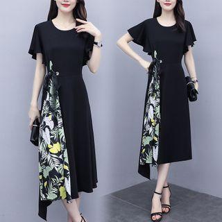 Short-sleeve Floral Printed Panel Dress