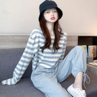Set: Long-sleeve Striped Cropped T-shirt + Sweatpants
